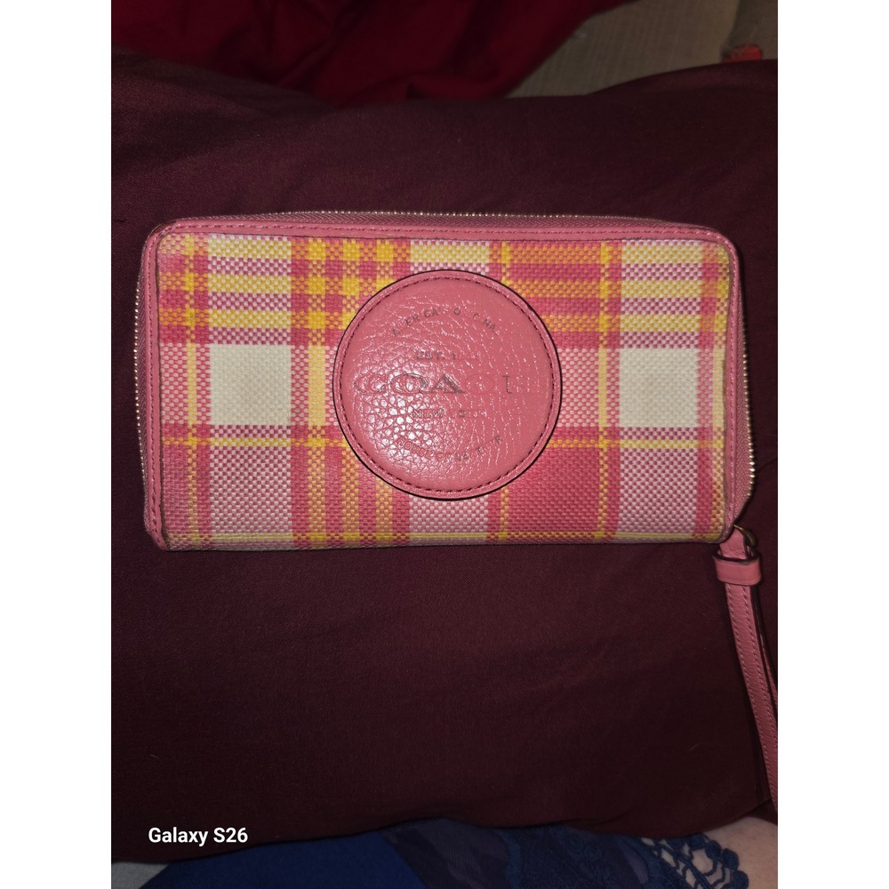 35. Coach Pink Yellow Plaid Canvas Leather Zip Around Wristlet Wallet C8451